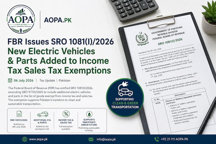 FBR Issues SRO 1081(I)/2026 – Additional Electric Vehicles and Parts Added to Tax Exemption List